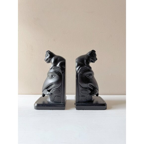 Vintage 70's BOMA CANADA Indigenous Northwest Haida Black Resin Totem Bookends - Picture 14 of 15